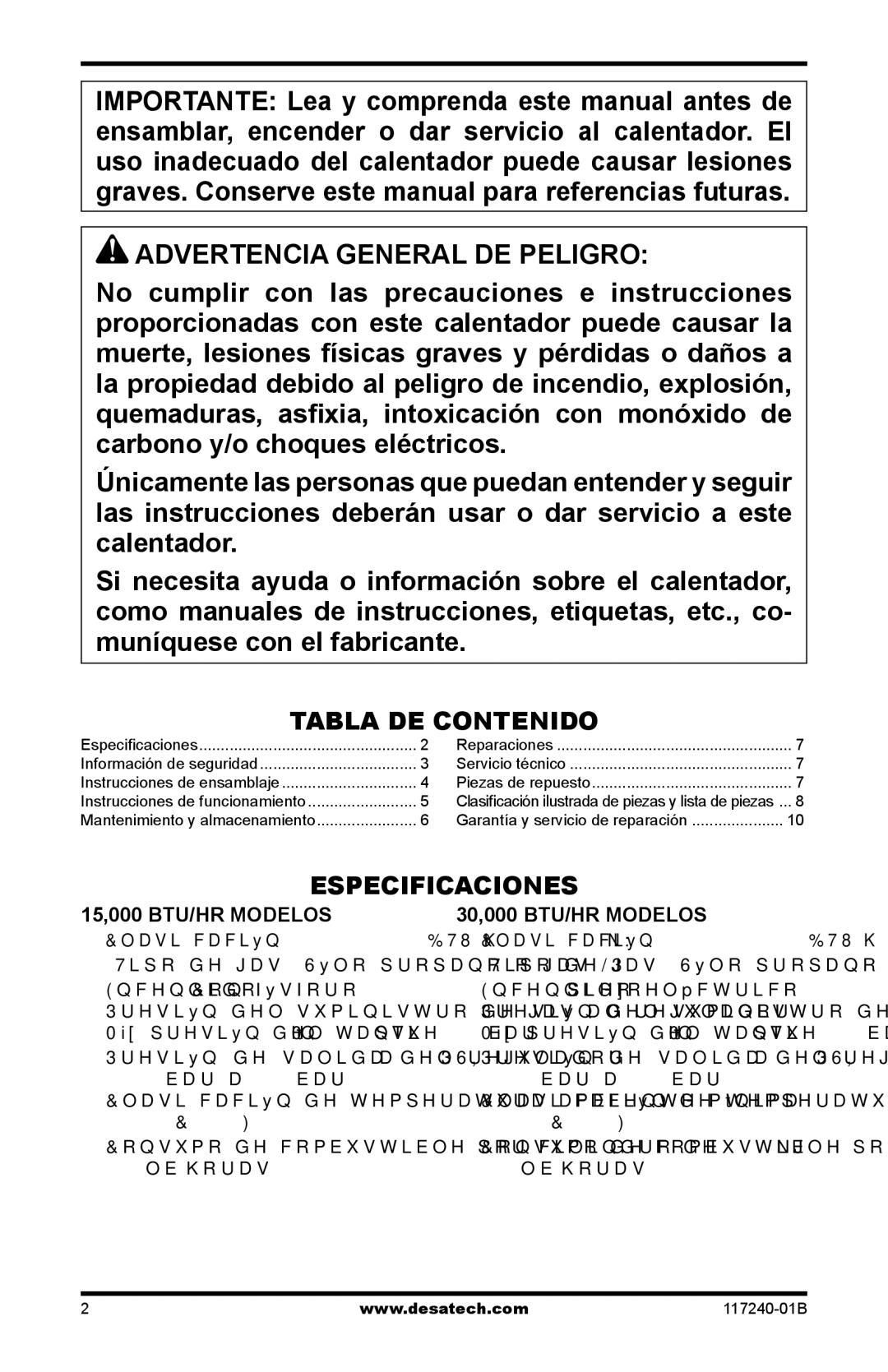 Desa TT30G, SPC-30RG, SPC-15RG Advertencia General DE Peligro, Tabla DE Contenido, Especificaciones, 15,000 BTU/HR Modelos 