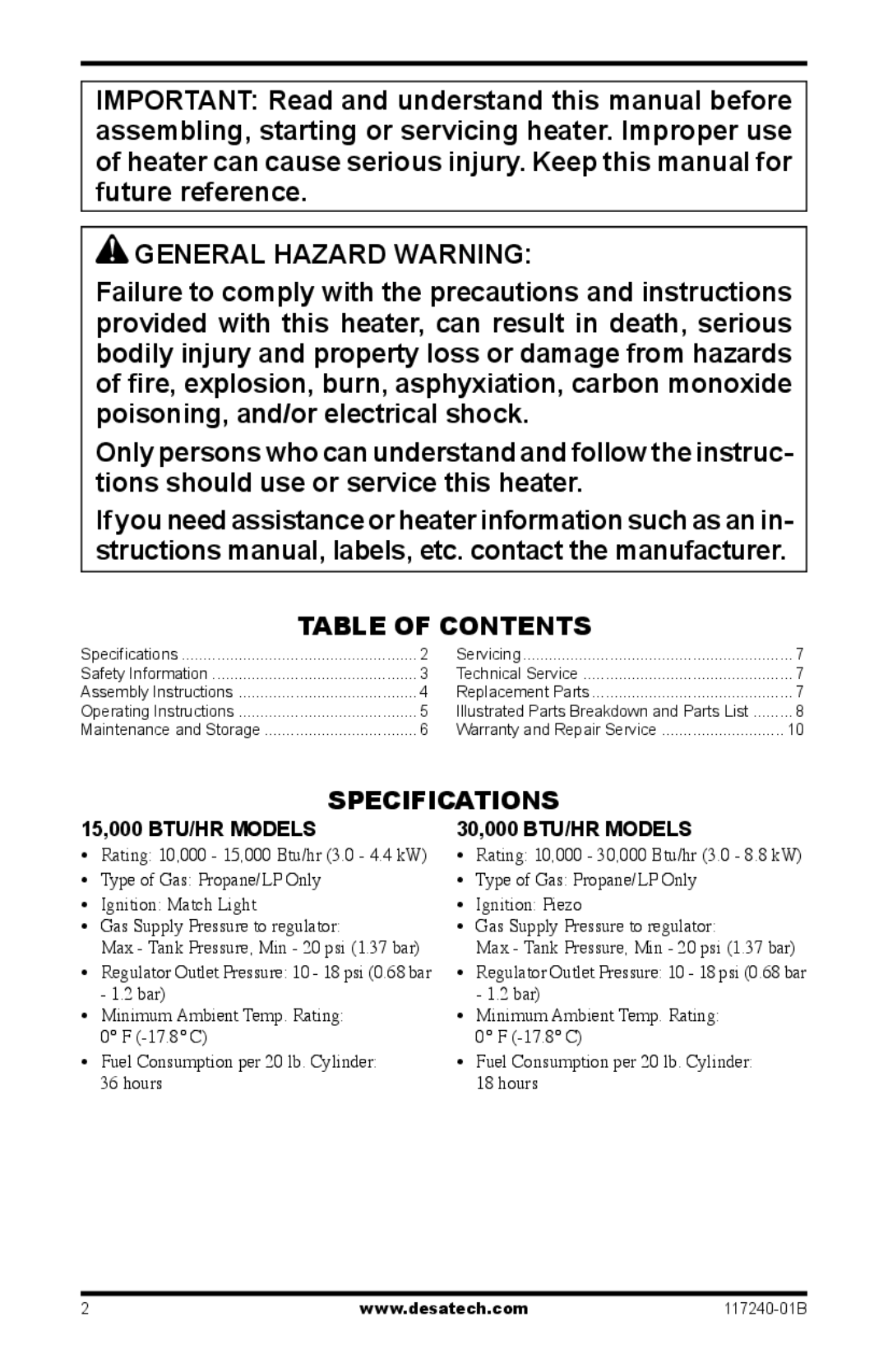 Desa SPC-15RG, TT30G, SPC-30RG, N15G, HD30G, HD15G owner manual General Hazard Warning, Table of Contents, Specifications 