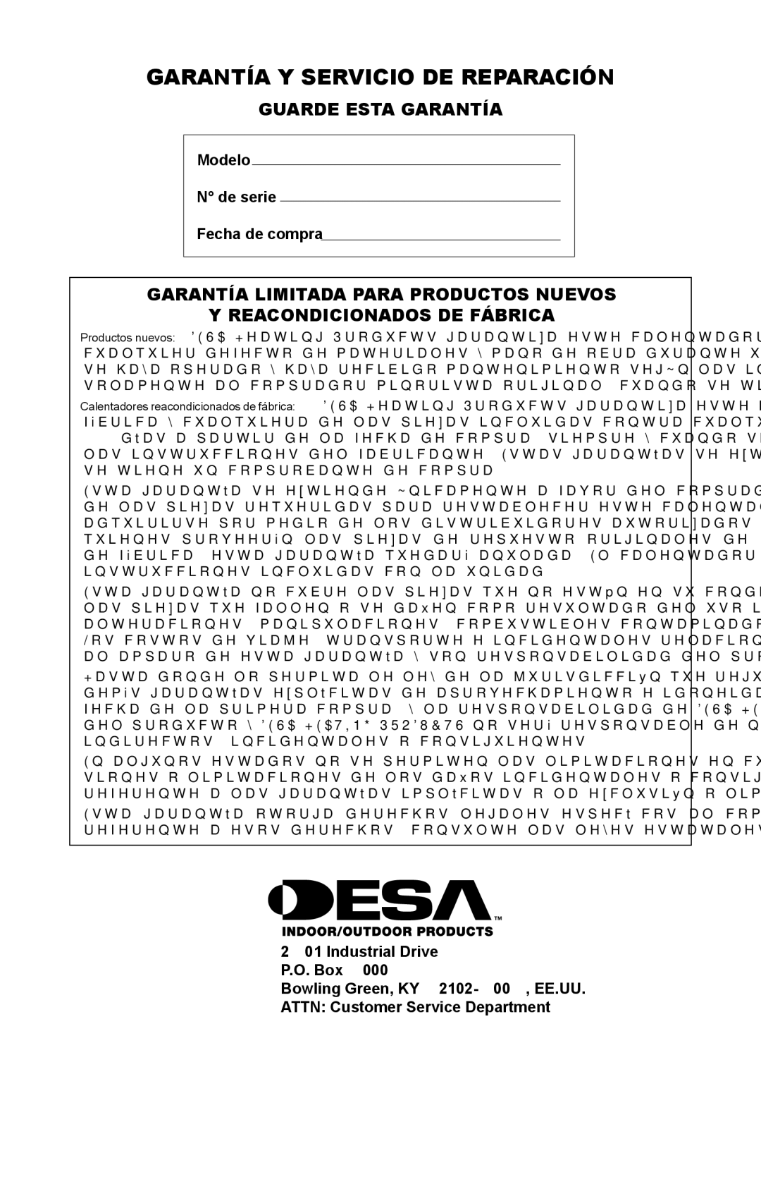 Desa SPC-15RG, TT30G, SPC-30RG, N15G, HD30G, HD15G owner manual Garantía Y Servicio DE Reparación, Guarde Esta Garantía 