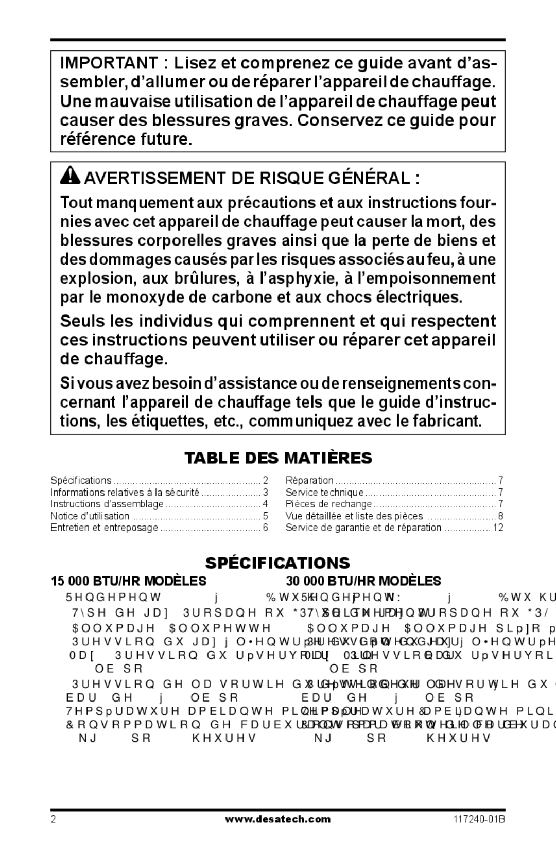 Desa HD30G, TT30G, SPC-30RG, N15G Avertissement DE Risque Général, Table DES Matières, Spécifications, 15 000 BTU/HR Modèles 