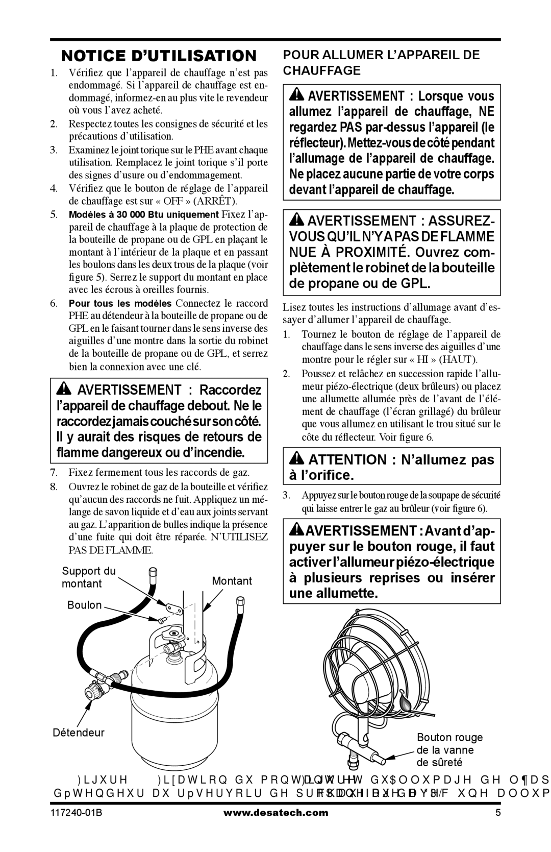 Desa SPC-30RG, TT30G, SPC-15RG, N15G, HD30G Pour Allumer L’APPAREIL DE Chauffage, Fixez fermement tous les raccords de gaz 