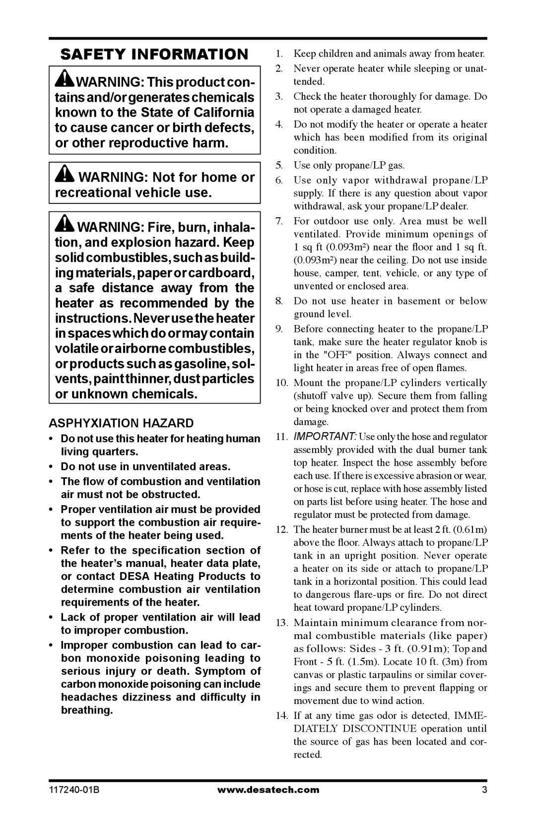 Desa N15G, TT30G, SPC-30RG, SPC-15RG, HD30G, HD15G owner manual Safety Information, Asphyxiation Hazard 