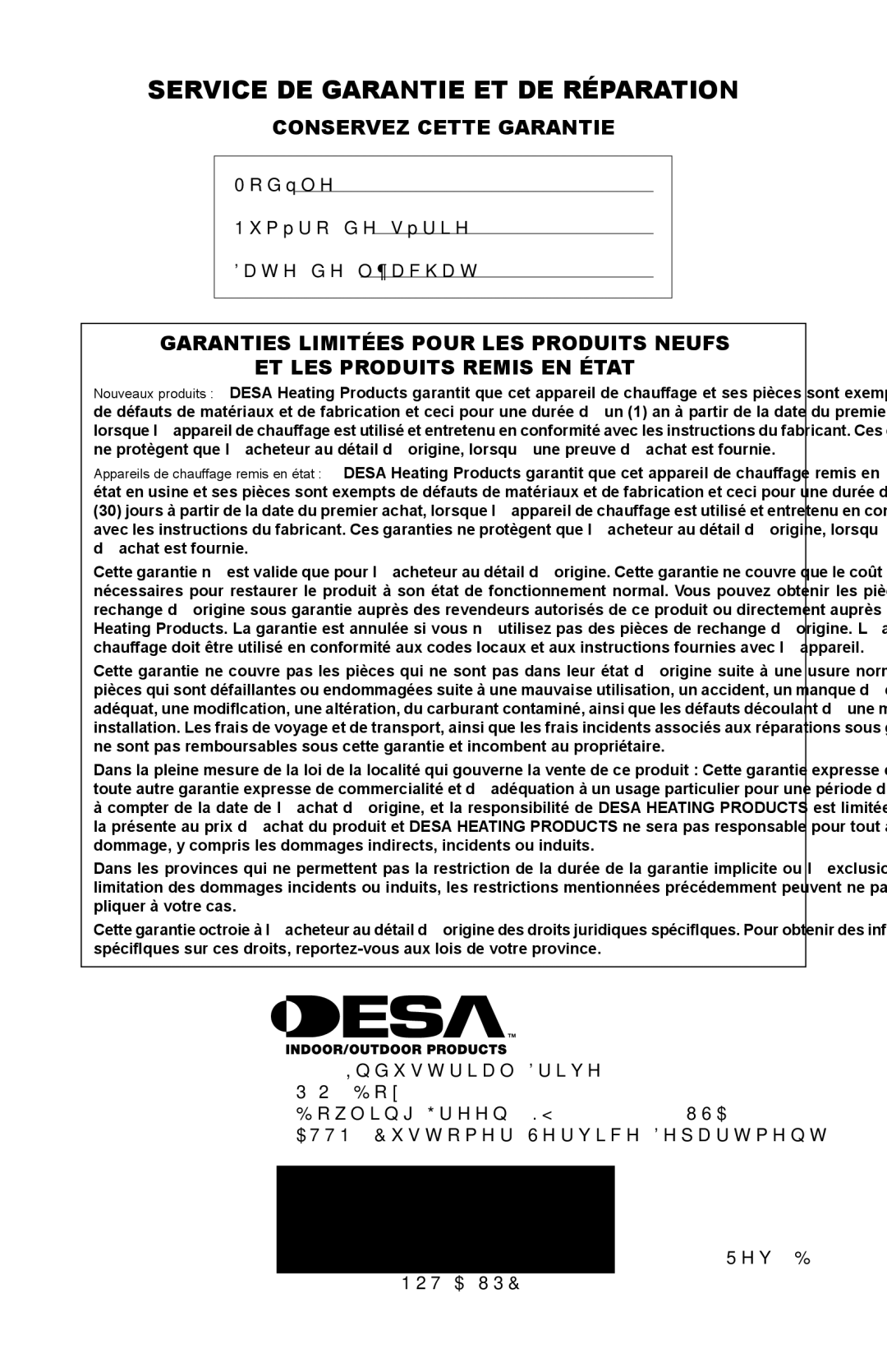 Desa SPC-15RG, TT30G, SPC-30RG, N15G, HD30G, HD15G owner manual Service DE Garantie ET DE Réparation, Conservez Cette Garantie 