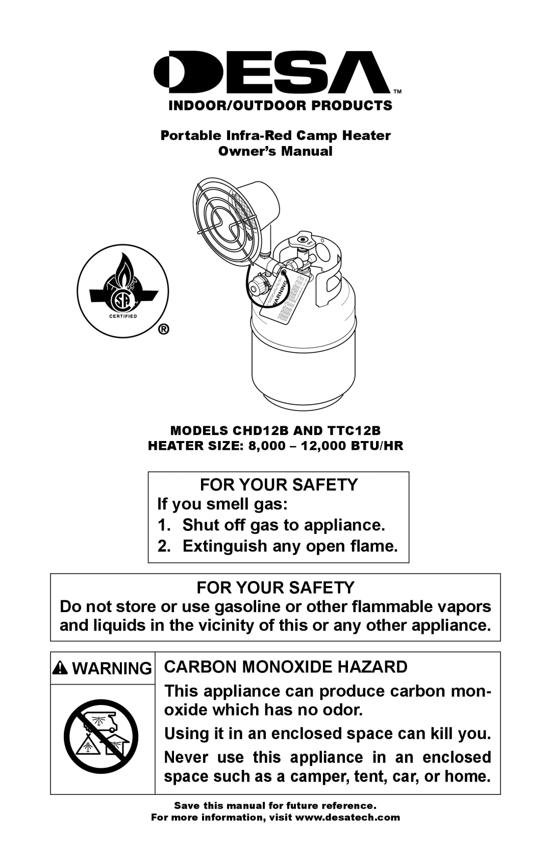 Desa owner manual Carbon Monoxide Hazard, Models CHD12B and TTC12B 