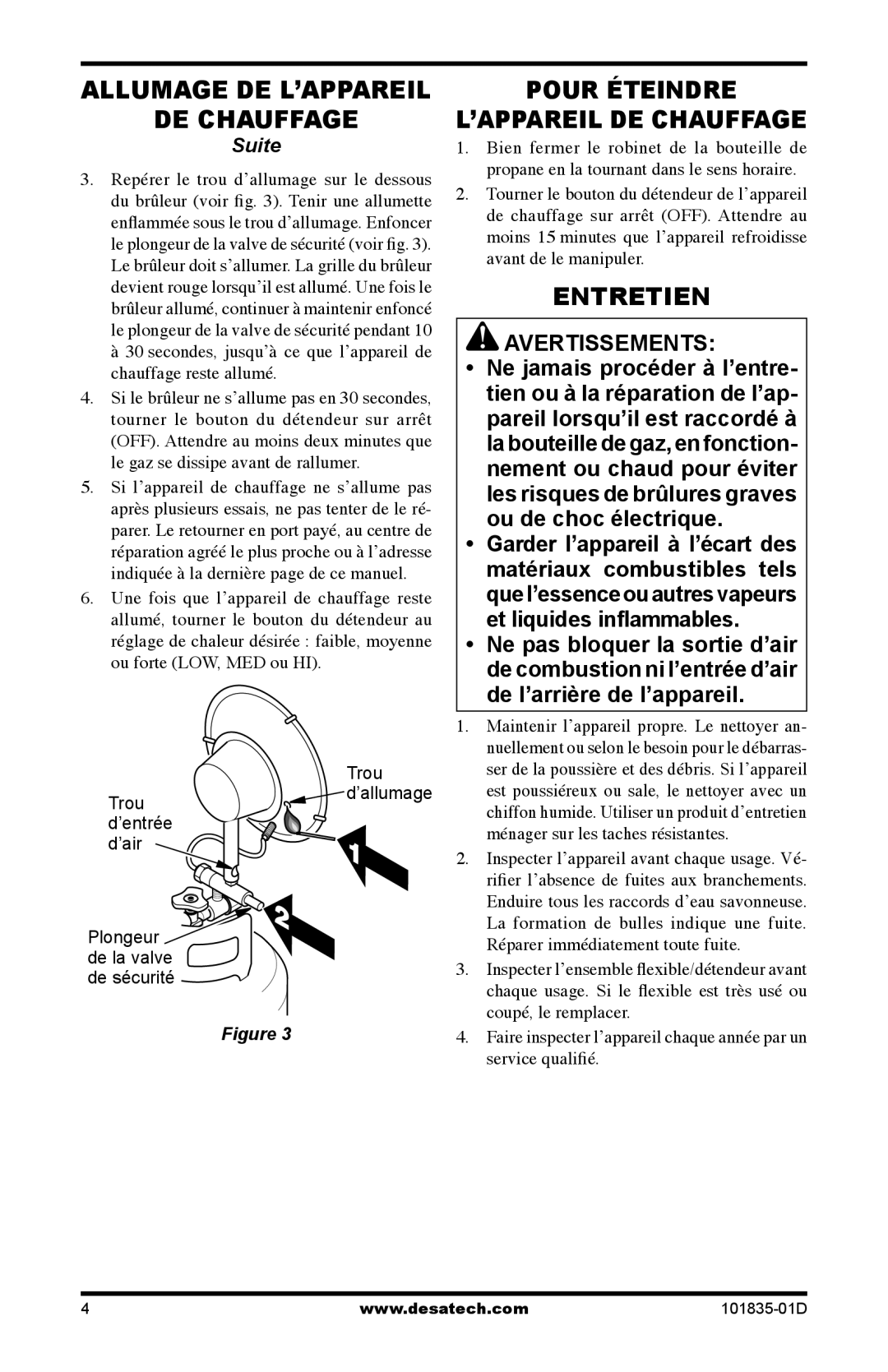 Desa TTC12B owner manual Allumage DE L’APPAREIL DE Chauffage Suite, Entretien 