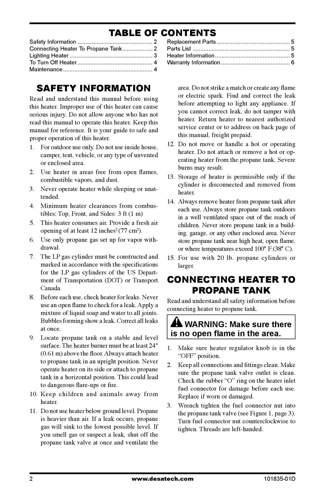 Desa TTC12B owner manual Table of Contents, Safety Information, Connecting Heater to Propane Tank 