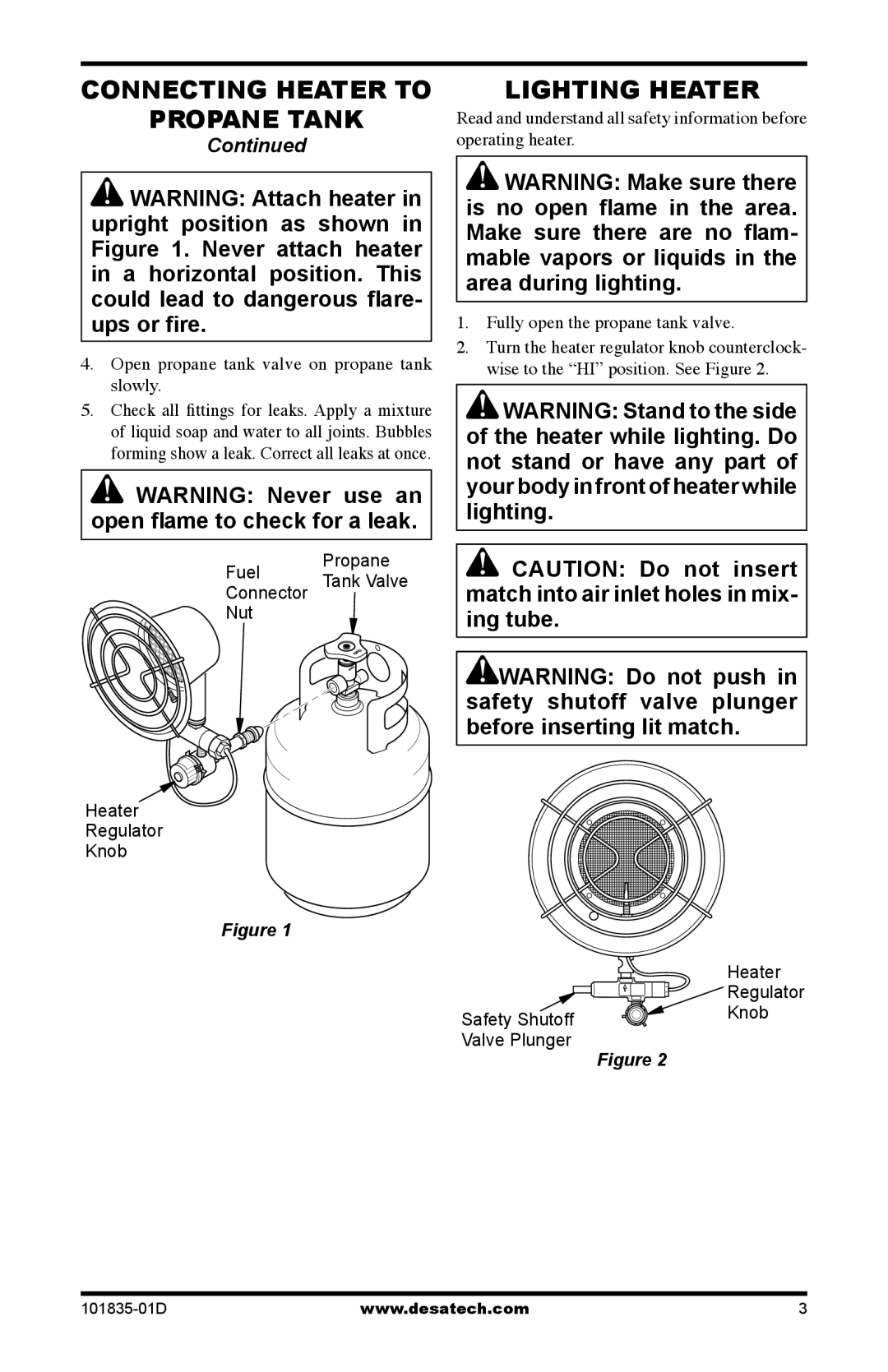 Desa TTC12B owner manual Lighting Heater, Open propane tank valve on propane tank slowly 