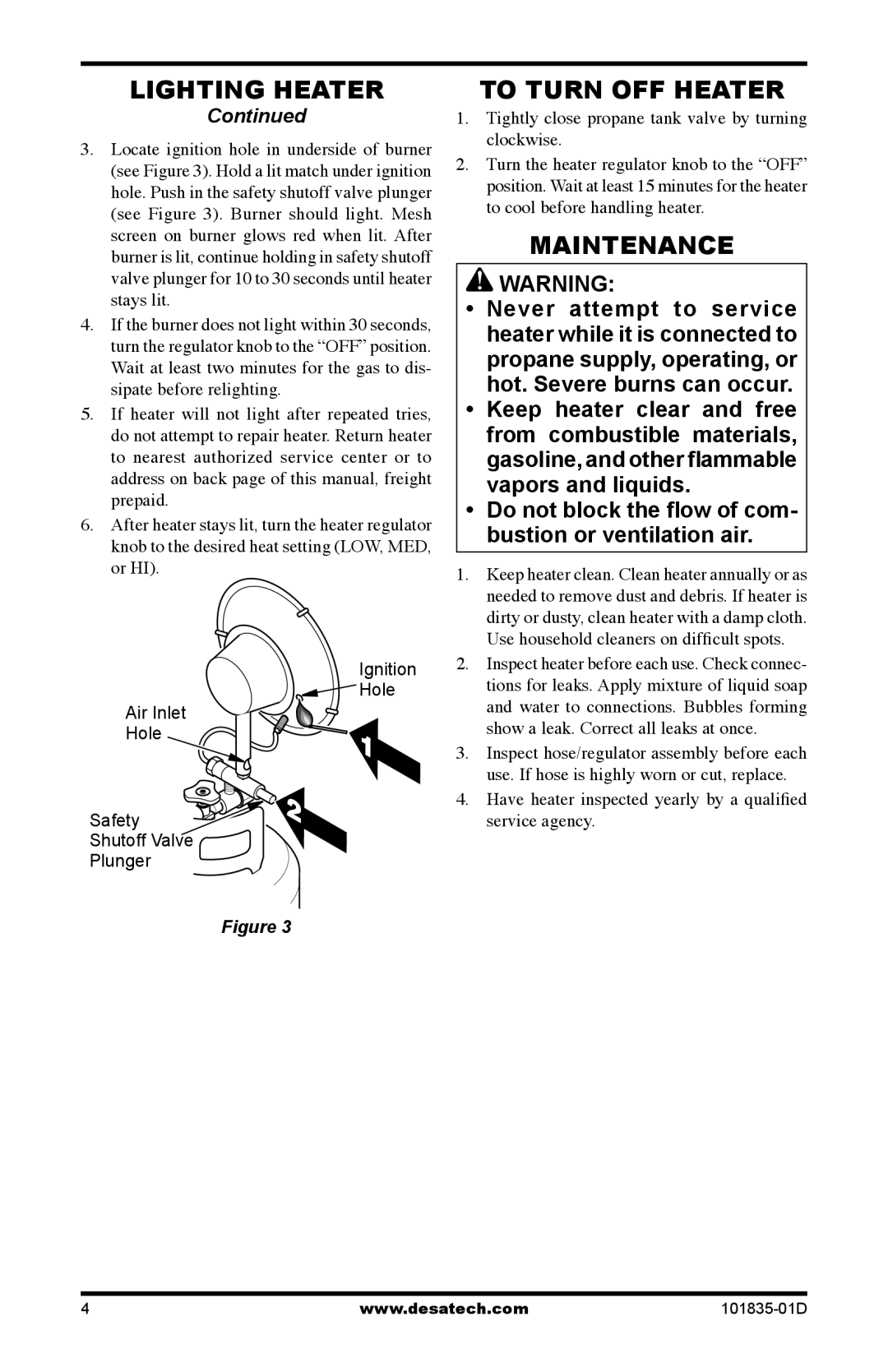 Desa TTC12B owner manual To Turn OFF Heater, Maintenance, Tightly close propane tank valve by turning clockwise 