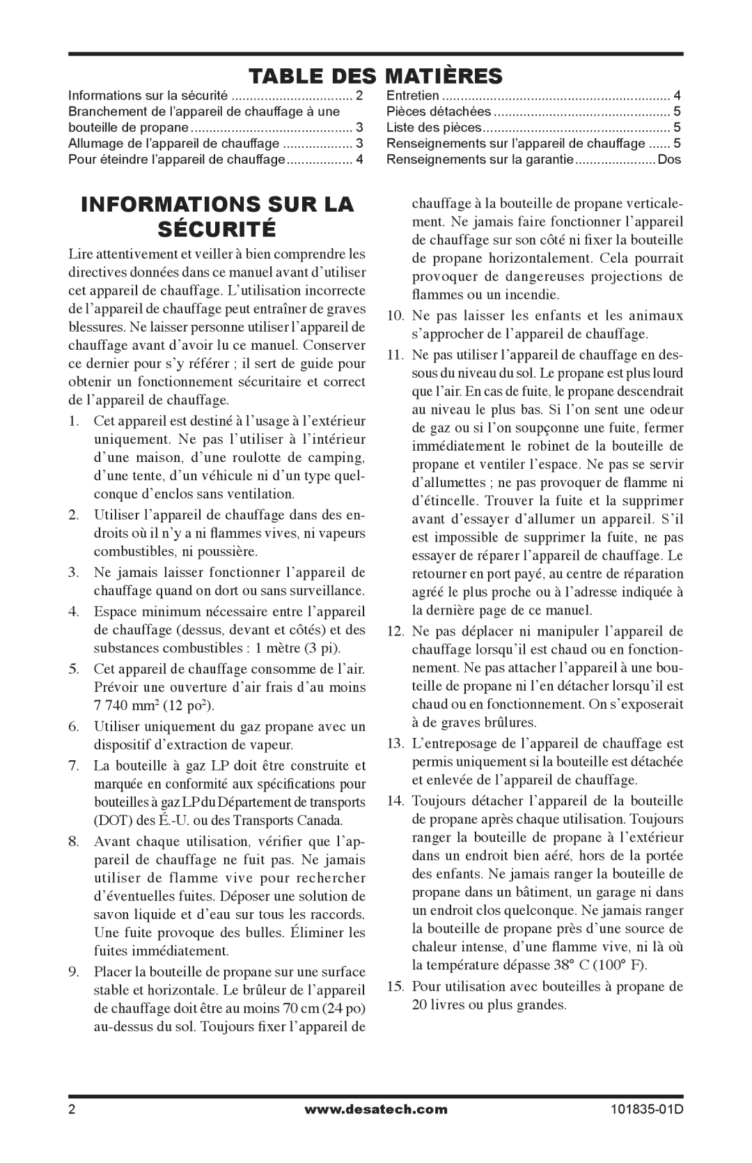 Desa TTC12B owner manual Table DES Matières, Informations SUR LA Sécurité 