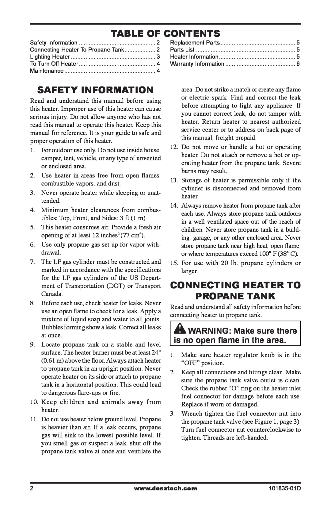 Desa TTC12B owner manual Table Of Contents, Safety Information, Connecting Heater To Propane Tank 