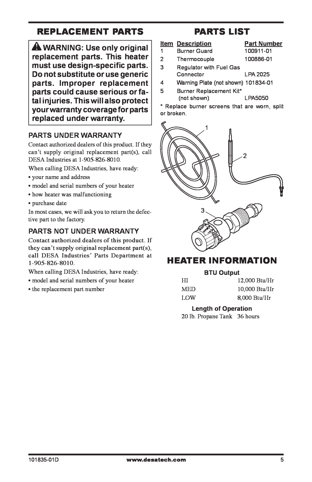 Desa TTC12B Replacement Parts, Parts List, Heater Information, Parts Under Warranty, Parts Not Under Warranty, Description 