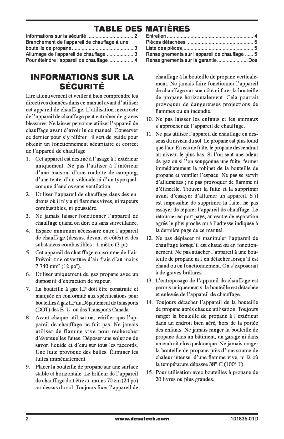 Desa TTC12B owner manual Table Des Matières, Informations Sur La Sécurité 