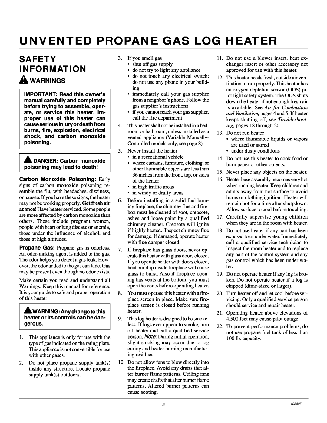 Desa Unvented Propane Gas Log Heater Model Split Oak and American Oak Design Safety Information, Warnings 