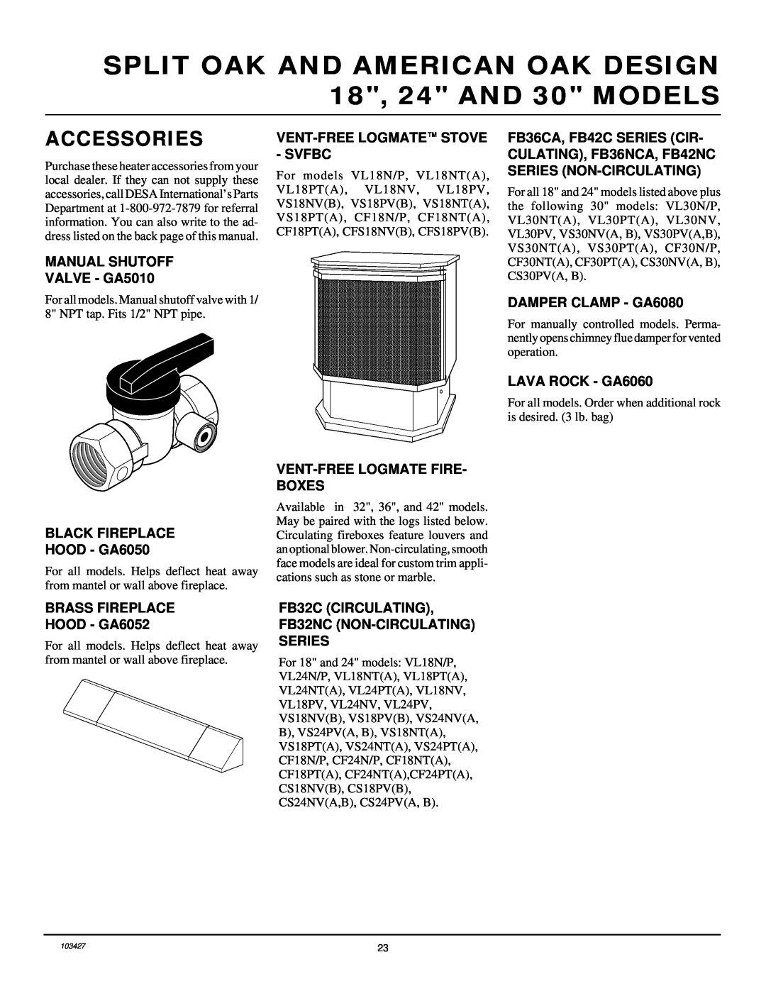 Desa Unvented Propane Gas Log Heater Model Split Oak and American Oak Design Accessories, MANUAL SHUTOFF VALVE - GA5010 