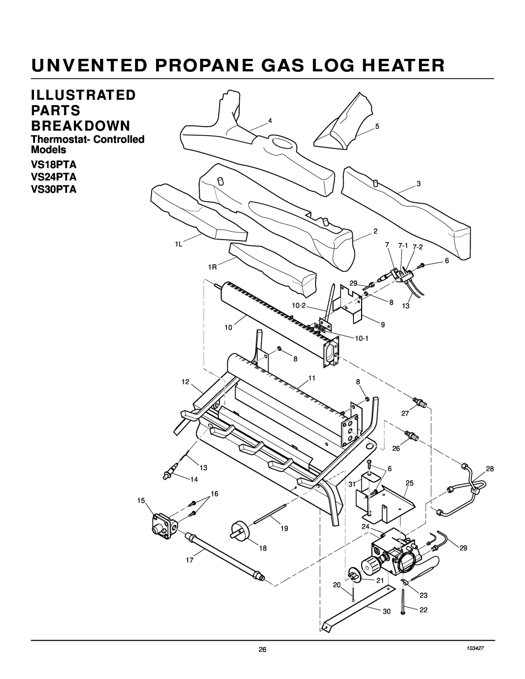 Desa Unvented Propane Gas Log Heater Model Split Oak and American Oak Design Illustrated Parts Breakdown, VS30PTA 