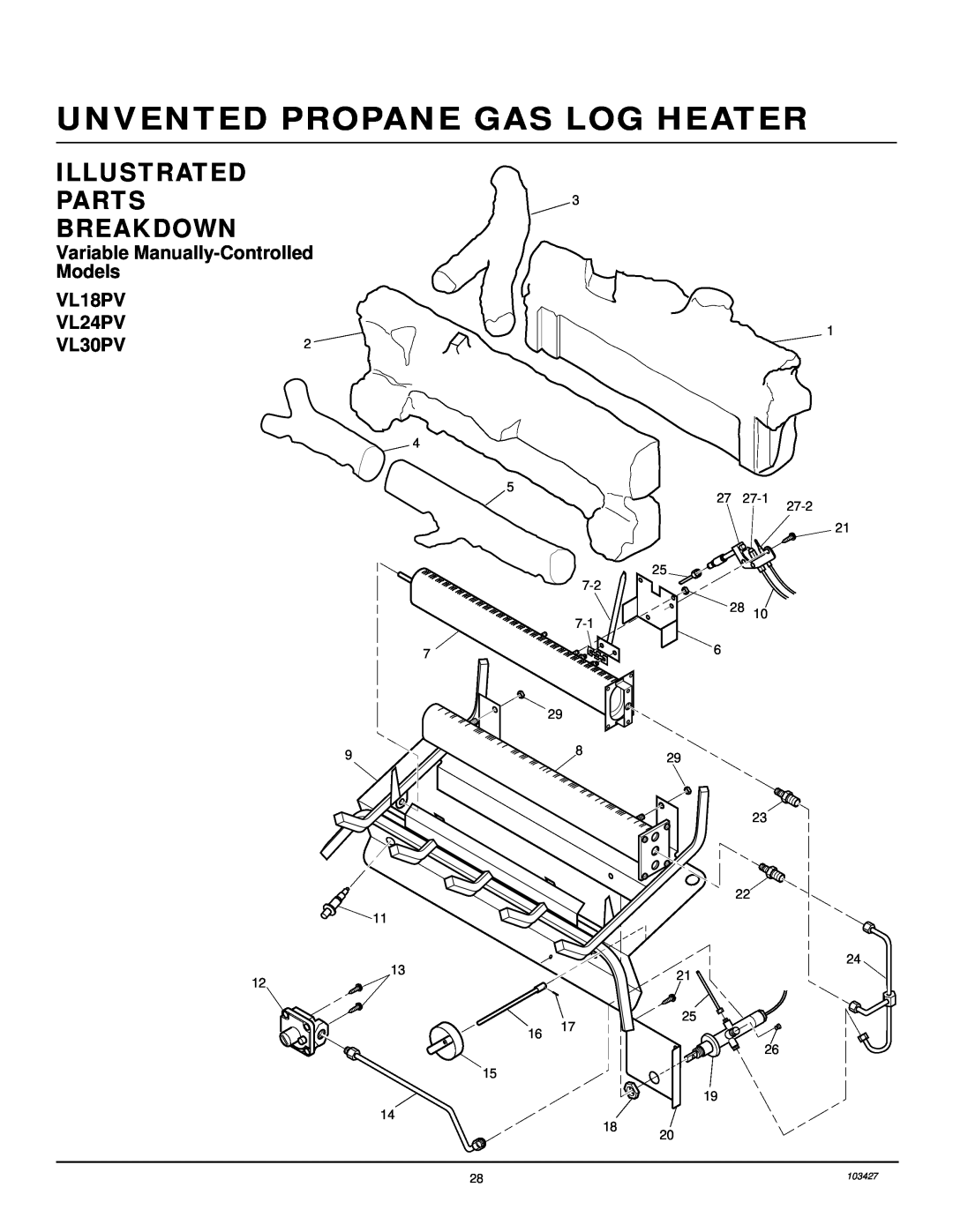 Desa Unvented Propane Gas Log Heater Model Split Oak and American Oak Design ILLUSTRATED PARTS3 BREAKDOWN, VL30PV2 