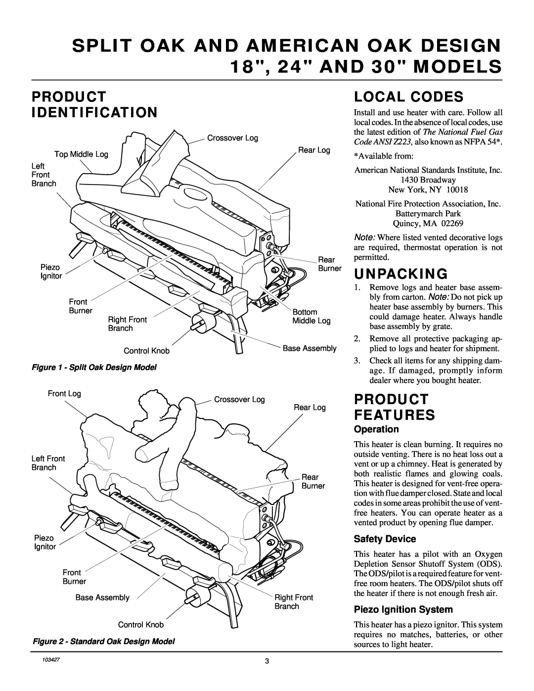 Desa Unvented Propane Gas Log Heater Model Split Oak and American Oak Design Product Identification, Local Codes 