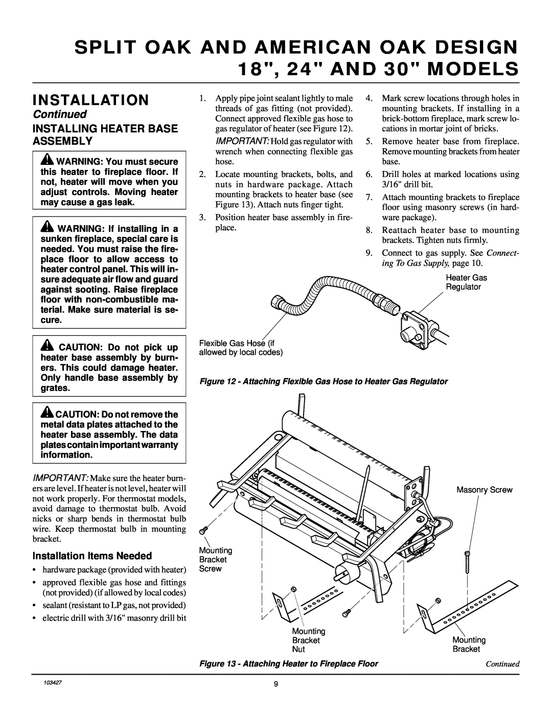 Desa Unvented Propane Gas Log Heater Model Split Oak and American Oak Design Installing Heater Base Assembly, Installation 