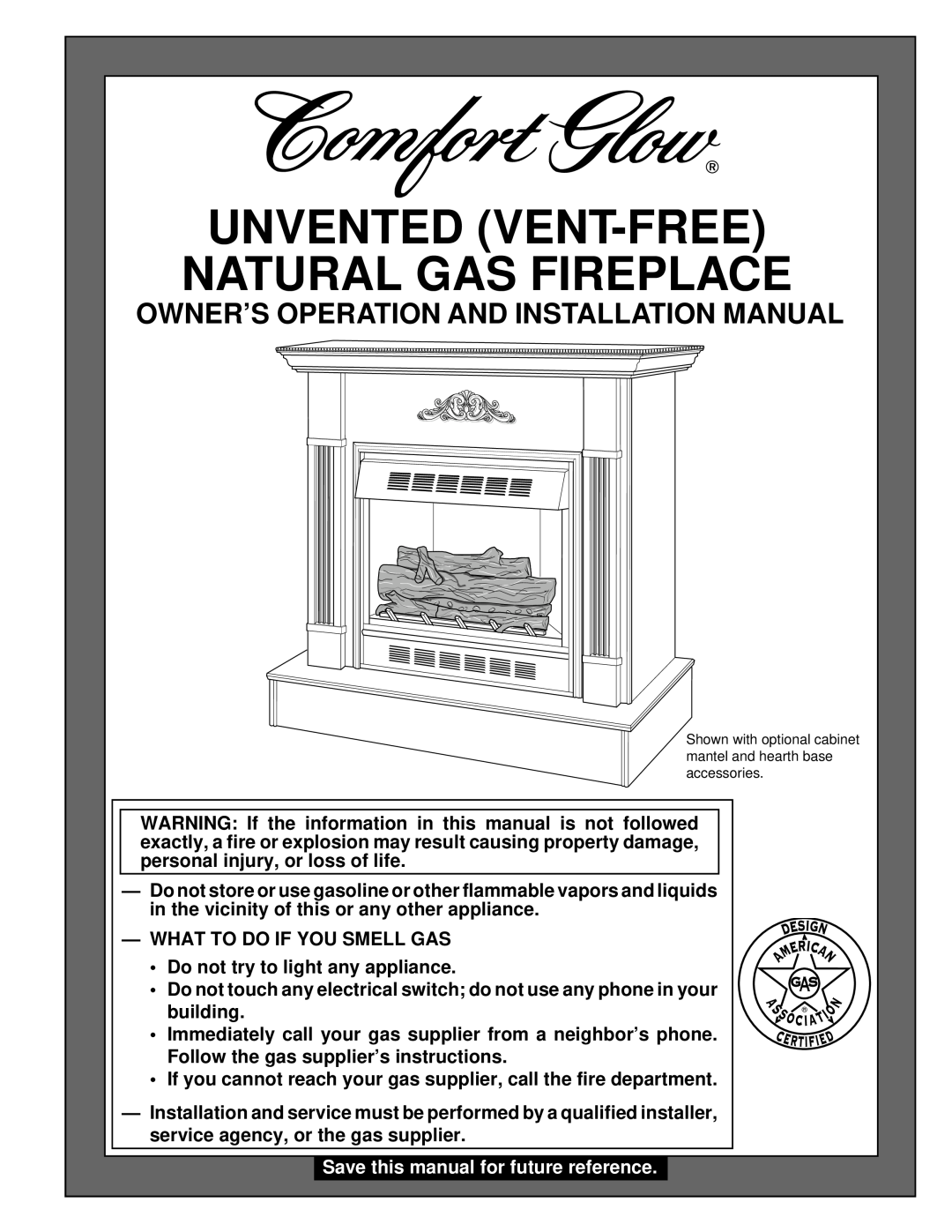 Desa UNVENTED (VENT-FREE) NATURAL GAS FIREPLACE installation manual Owner’S Operation And Installation Manual 