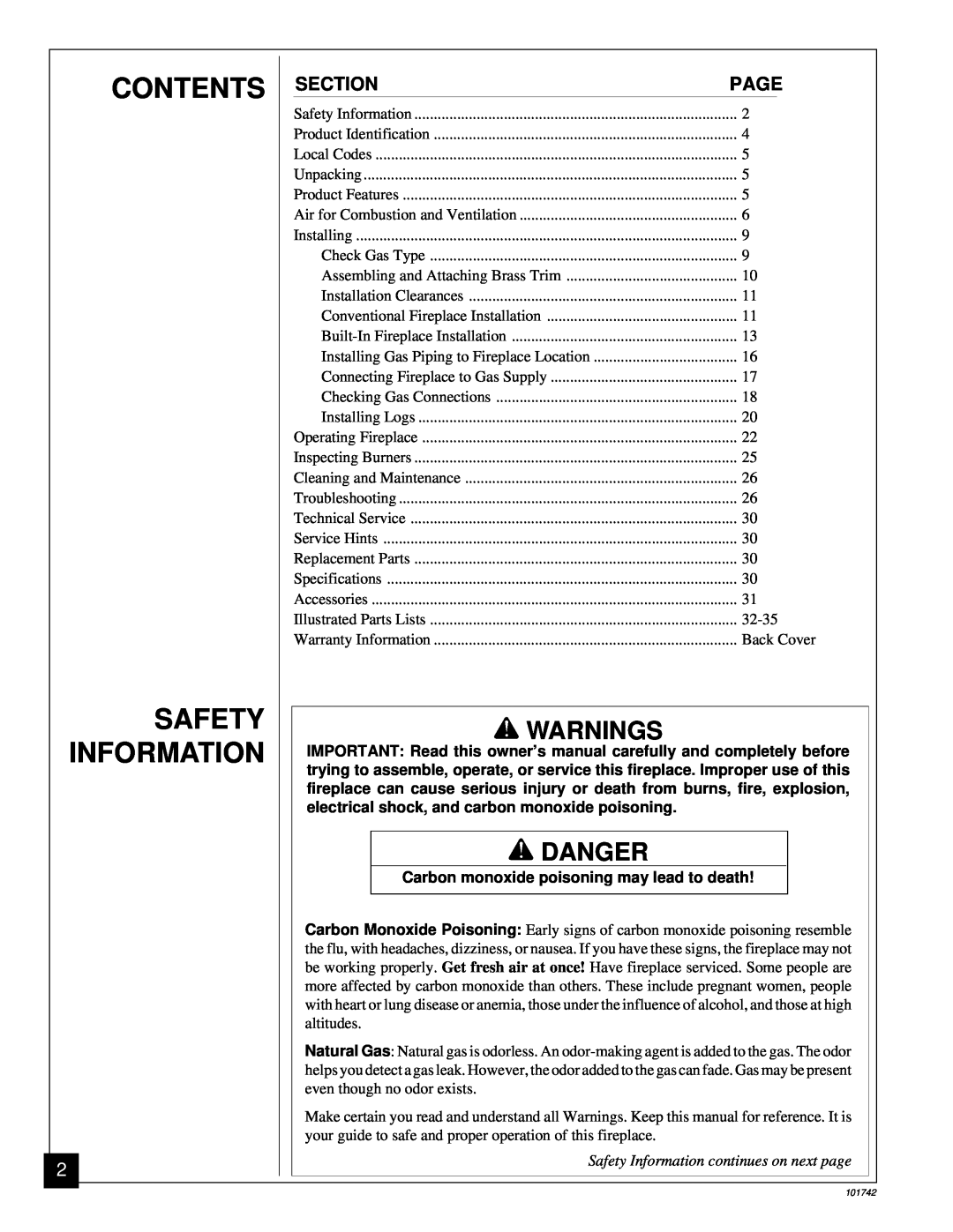 Desa UNVENTED (VENT-FREE) NATURAL GAS FIREPLACE installation manual Contents Safety Information, Warnings, Danger 