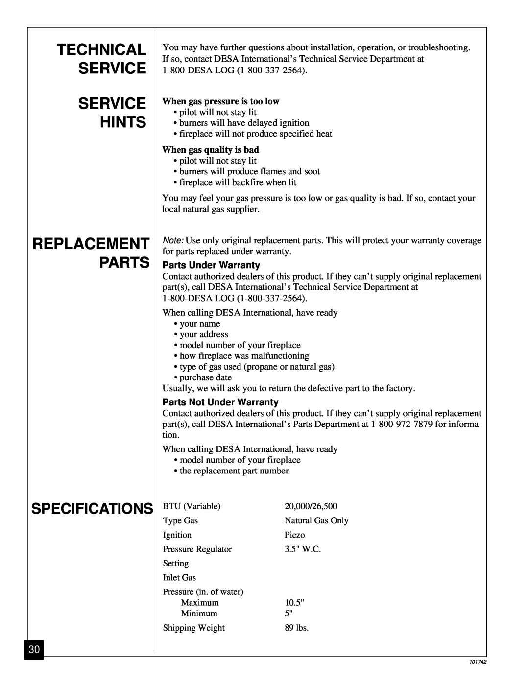 Desa UNVENTED (VENT-FREE) NATURAL GAS FIREPLACE Technical Service Service Hints, Replacement Parts Specifications 