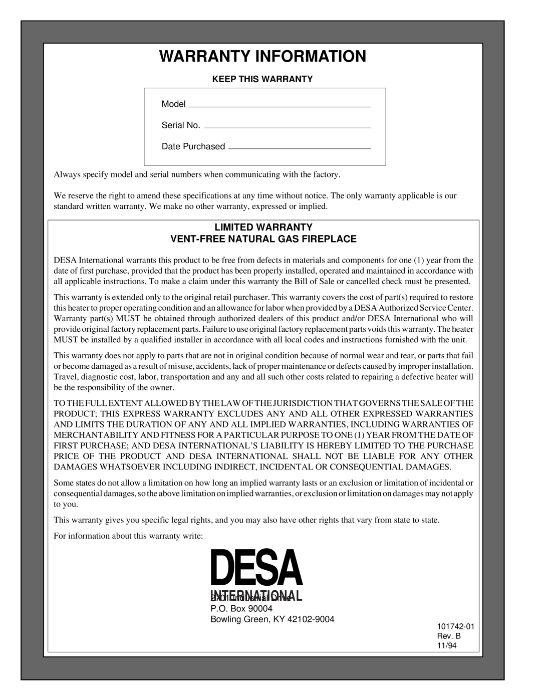 Desa UNVENTED (VENT-FREE) NATURAL GAS FIREPLACE Warranty Information, Limited Warranty Vent-Freenatural Gas Fireplace 