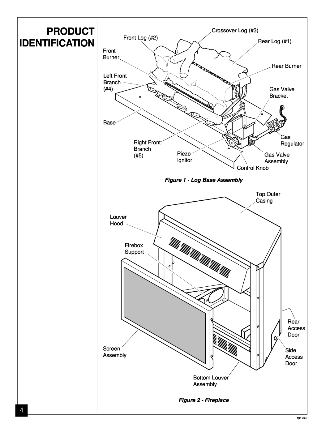 Desa UNVENTED (VENT-FREE) NATURAL GAS FIREPLACE installation manual Product Identification, Log Base Assembly, Fireplace 