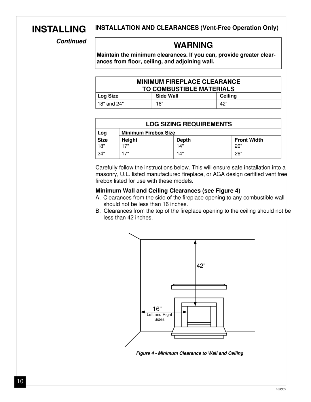 Desa UNVENTED (VENT-FREE) NATURAL GAS LOG HEATER installation manual Minimum Fireplace Clearance, To Combustible Materials 