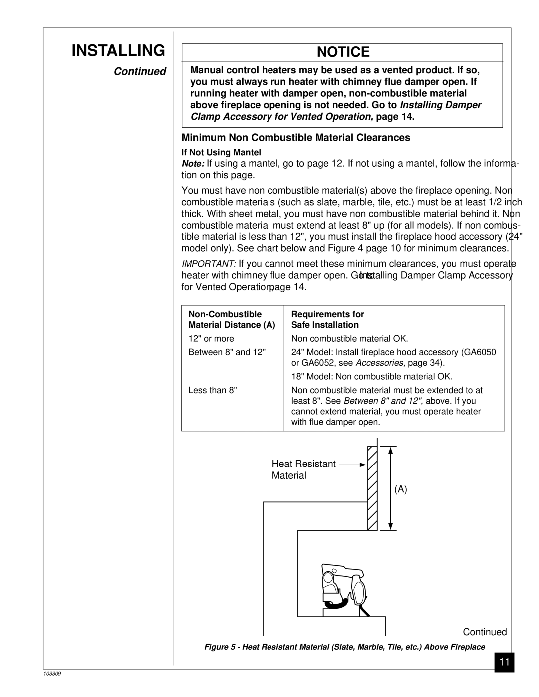 Desa UNVENTED (VENT-FREE) NATURAL GAS LOG HEATER installation manual Minimum Non Combustible Material Clearances 