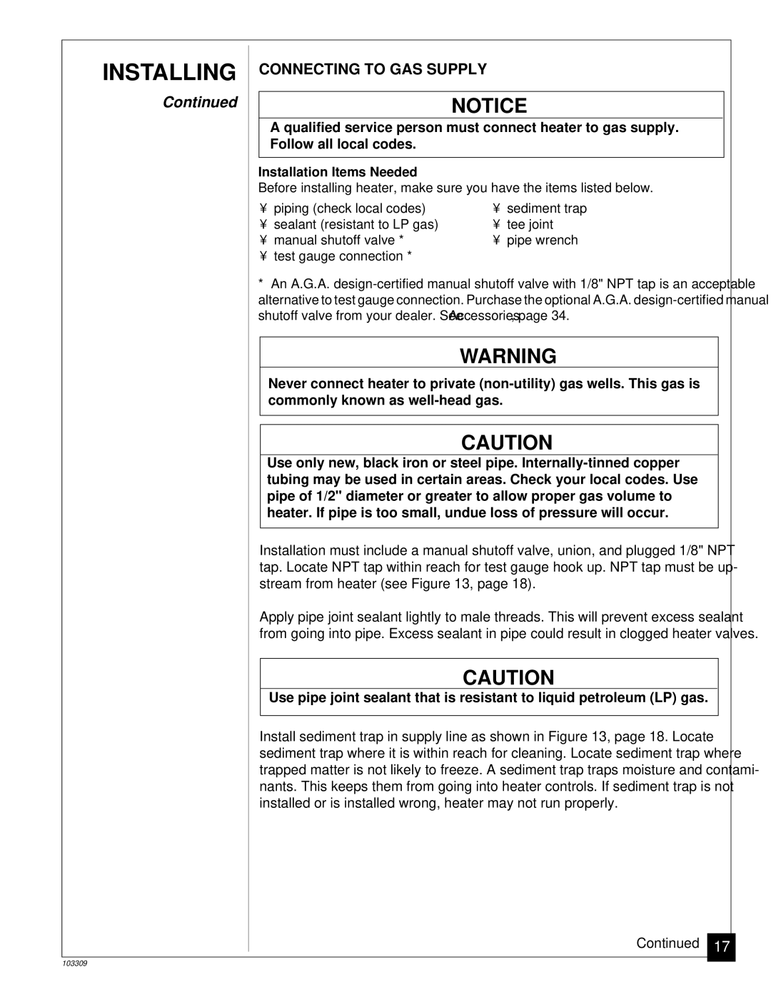 Desa UNVENTED (VENT-FREE) NATURAL GAS LOG HEATER installation manual Connecting to GAS Supply, Installation Items Needed 