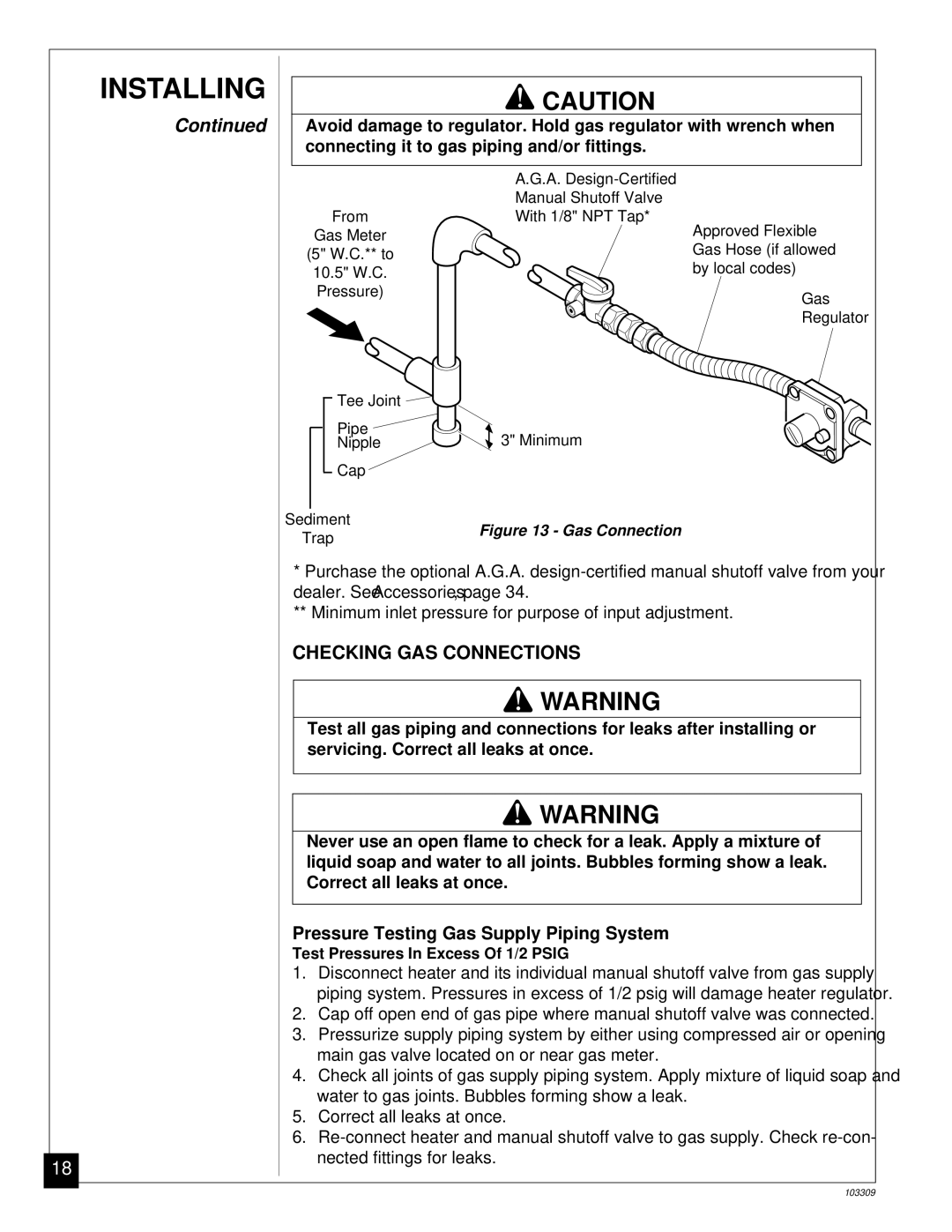 Desa UNVENTED (VENT-FREE) NATURAL GAS LOG HEATER installation manual Checking GAS Connections, Gas Connection 