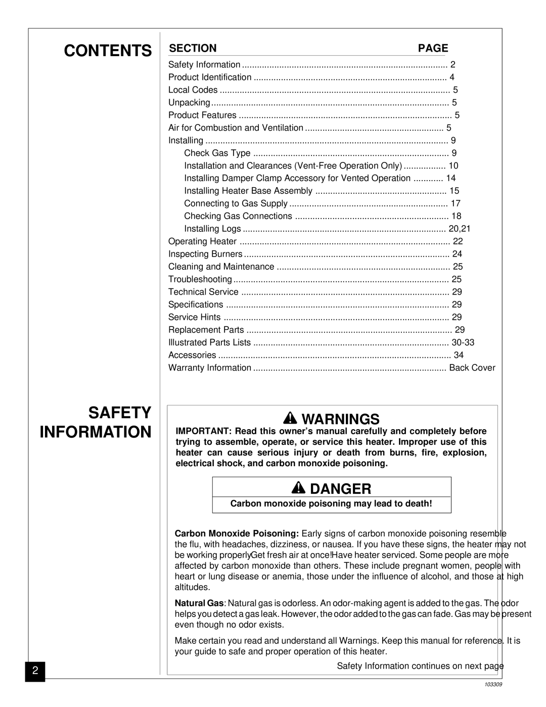 Desa UNVENTED (VENT-FREE) NATURAL GAS LOG HEATER installation manual Contents Safety Information 