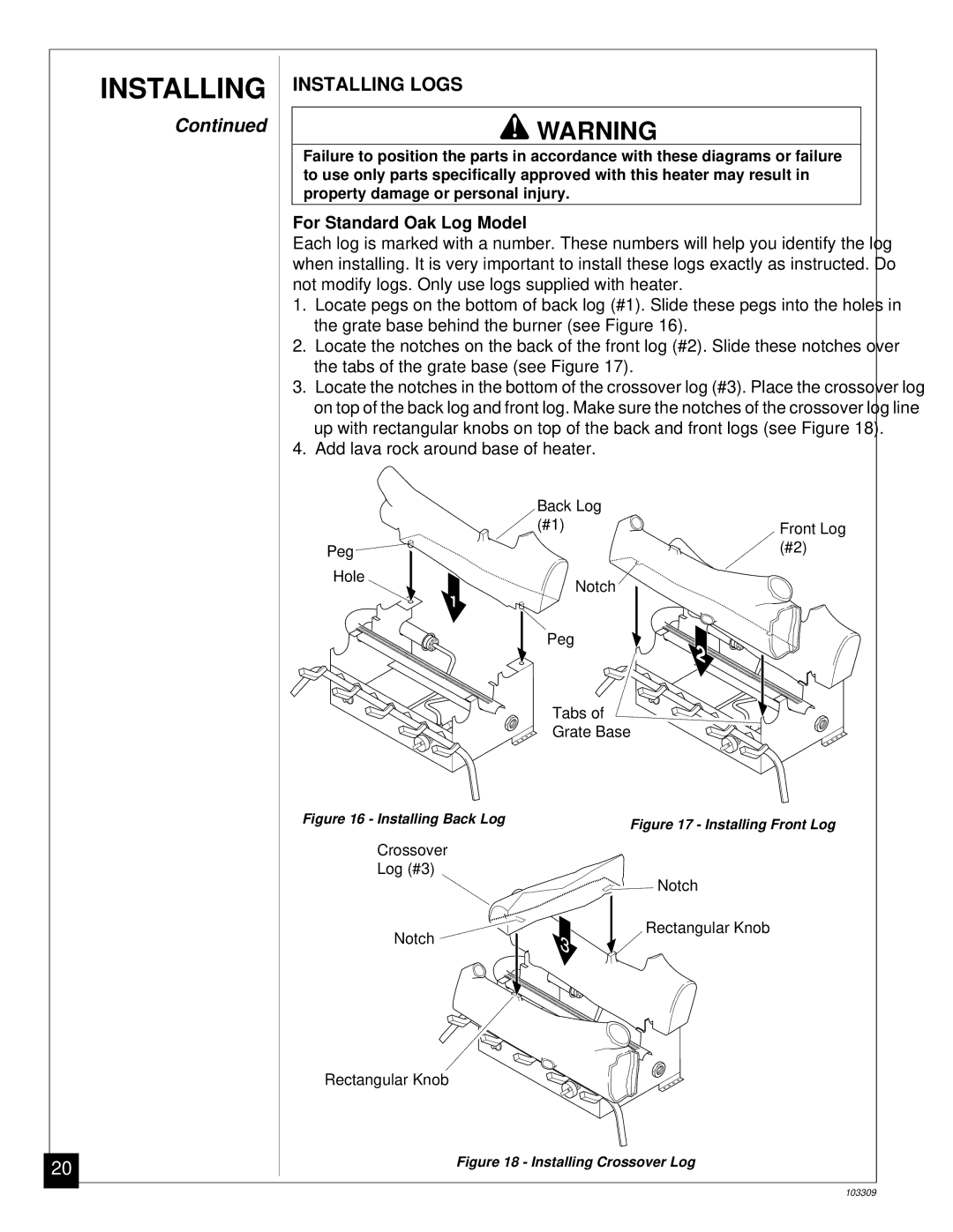 Desa UNVENTED (VENT-FREE) NATURAL GAS LOG HEATER installation manual Installing Logs, For Standard Oak Log Model 