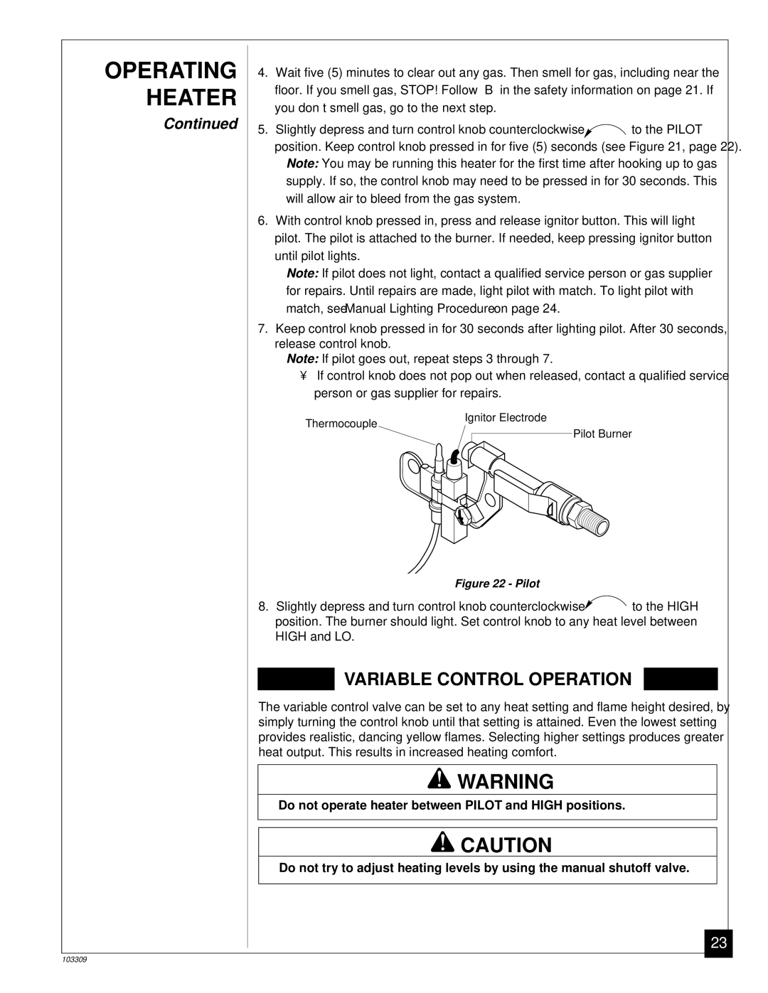 Desa UNVENTED (VENT-FREE) NATURAL GAS LOG HEATER installation manual Variable Control Operation 