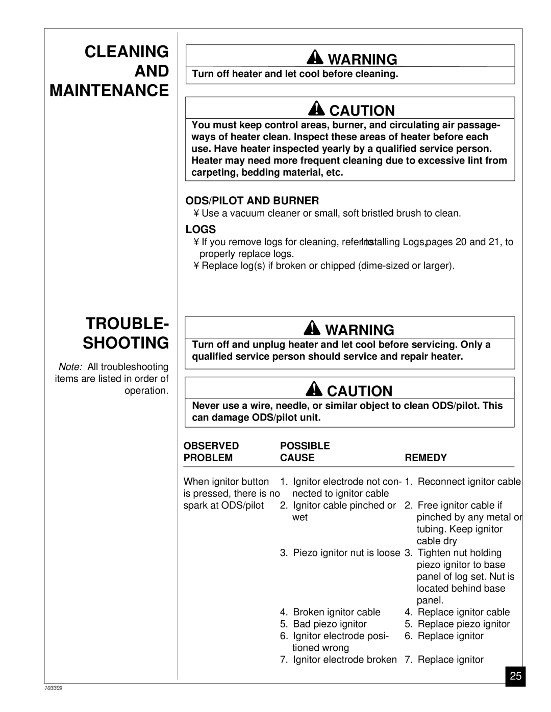 Desa UNVENTED (VENT-FREE) NATURAL GAS LOG HEATER Trouble Shooting, ODS/PILOT and Burner, Logs, Can damage ODS/pilot unit 