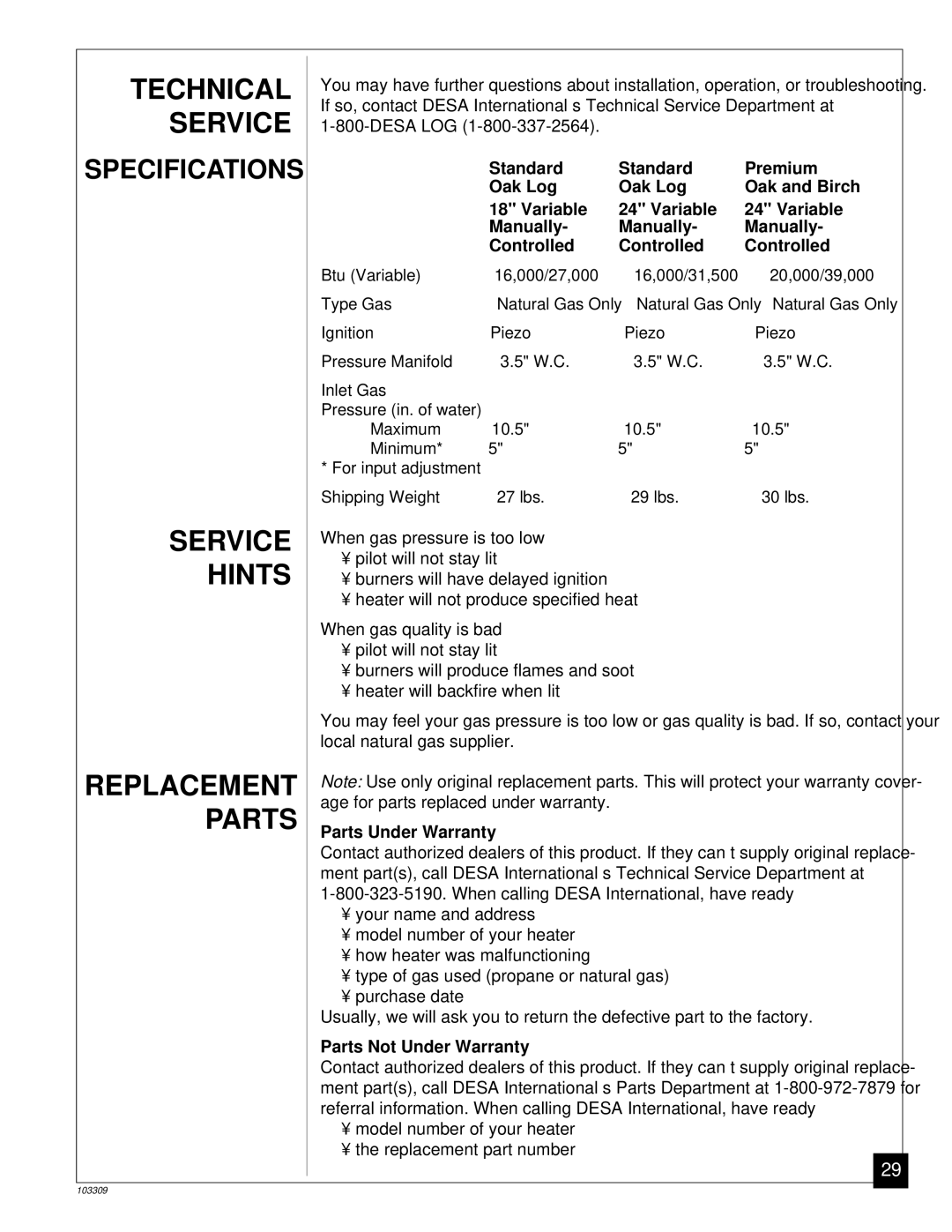 Desa UNVENTED (VENT-FREE) NATURAL GAS LOG HEATER installation manual Technical, Service, Hints, Replacement Parts 