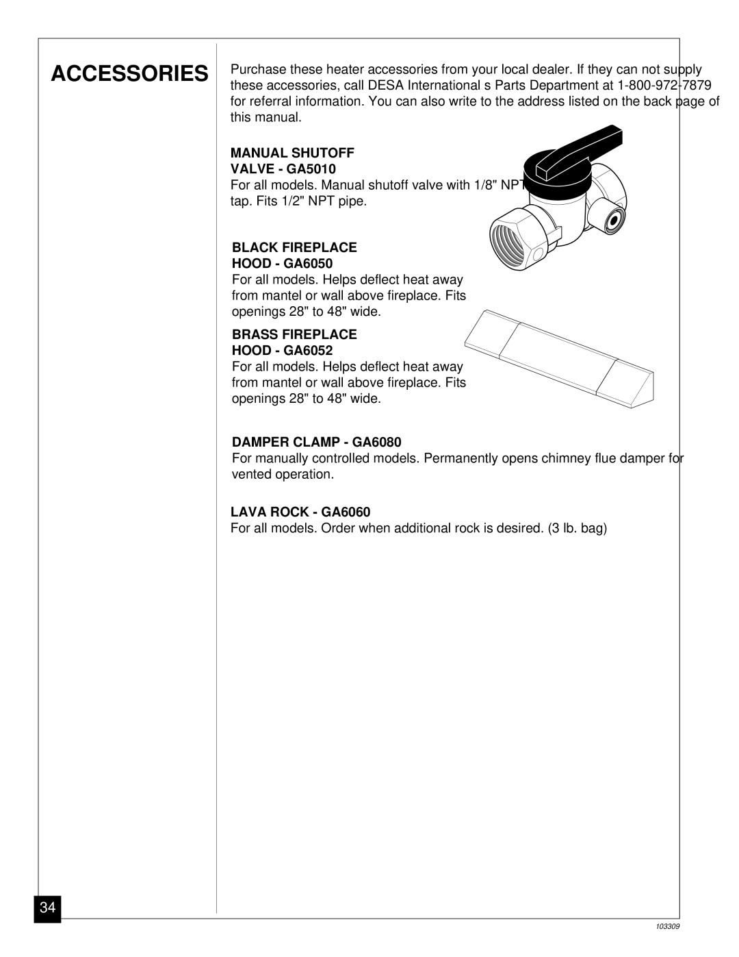 Desa UNVENTED (VENT-FREE) NATURAL GAS LOG HEATER installation manual Accessories, Valve GA5010, Hood GA6050, Hood GA6052 