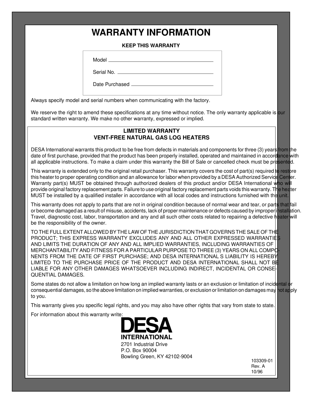 Desa UNVENTED (VENT-FREE) NATURAL GAS LOG HEATER installation manual Warranty Information, Keep this Warranty 