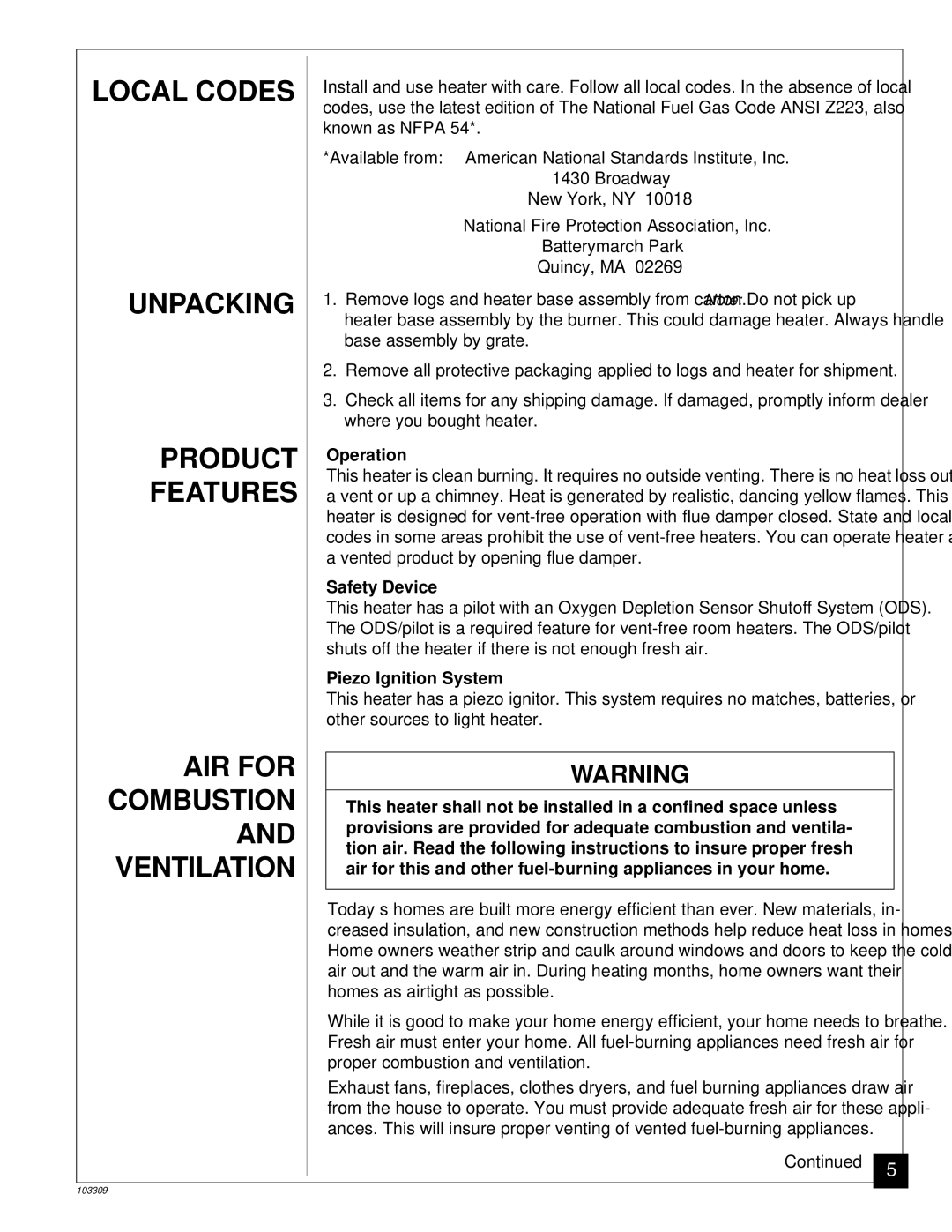 Desa UNVENTED (VENT-FREE) NATURAL GAS LOG HEATER Local Codes, Unpacking, Product, Features, AIR for Combustion 