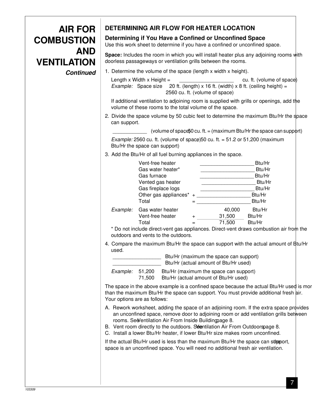 Desa UNVENTED (VENT-FREE) NATURAL GAS LOG HEATER installation manual Determining AIR Flow for Heater Location 