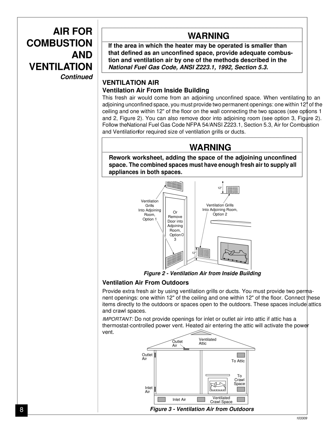 Desa UNVENTED (VENT-FREE) NATURAL GAS LOG HEATER installation manual Ventilation AIR, Ventilation Air From Inside Building 