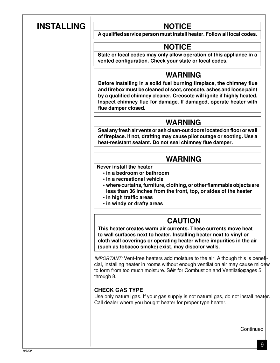 Desa UNVENTED (VENT-FREE) NATURAL GAS LOG HEATER installation manual Installing, Check GAS Type 