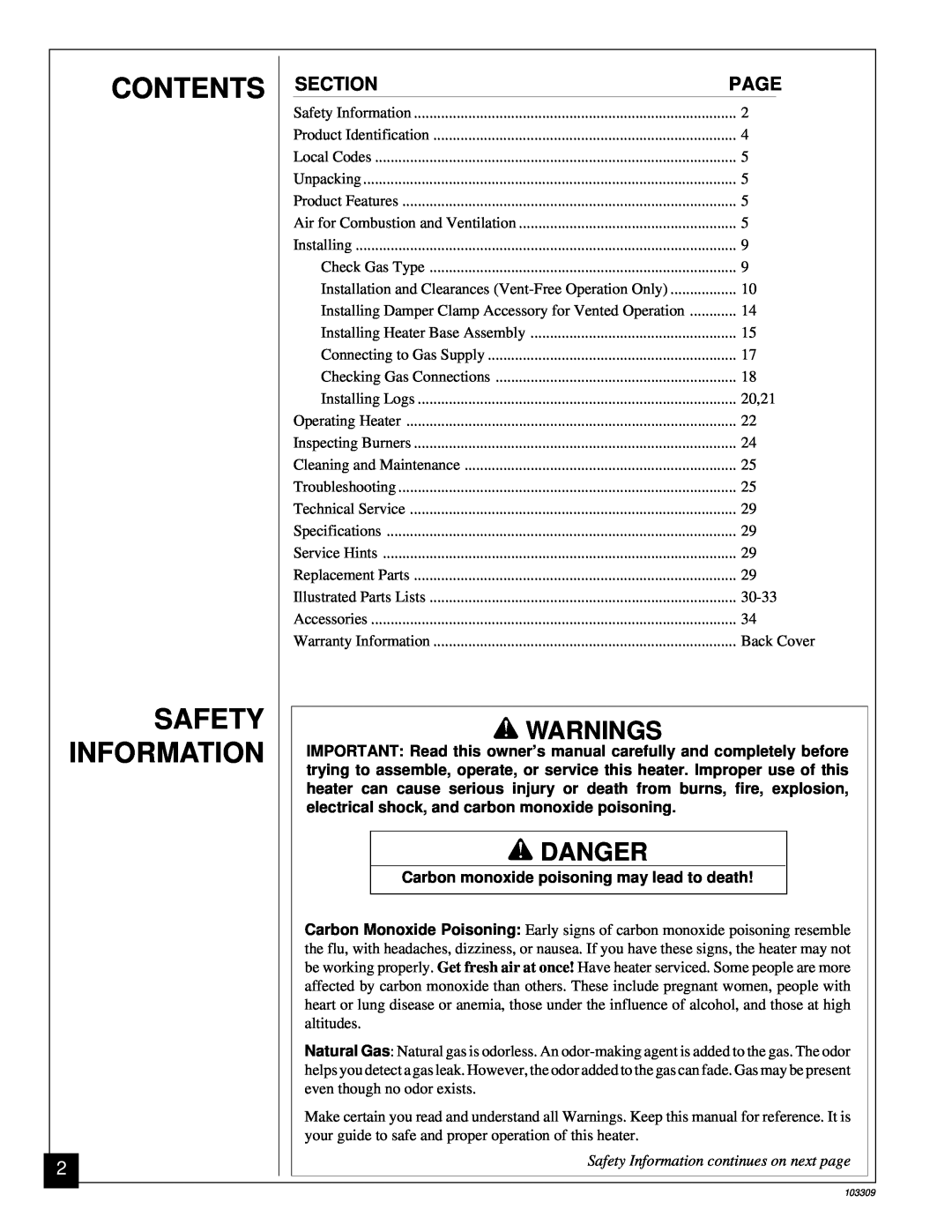 Desa UNVENTED (VENT-FREE) NATURAL GAS LOG HEATER installation manual Contents Safety Information, Warnings, Danger 