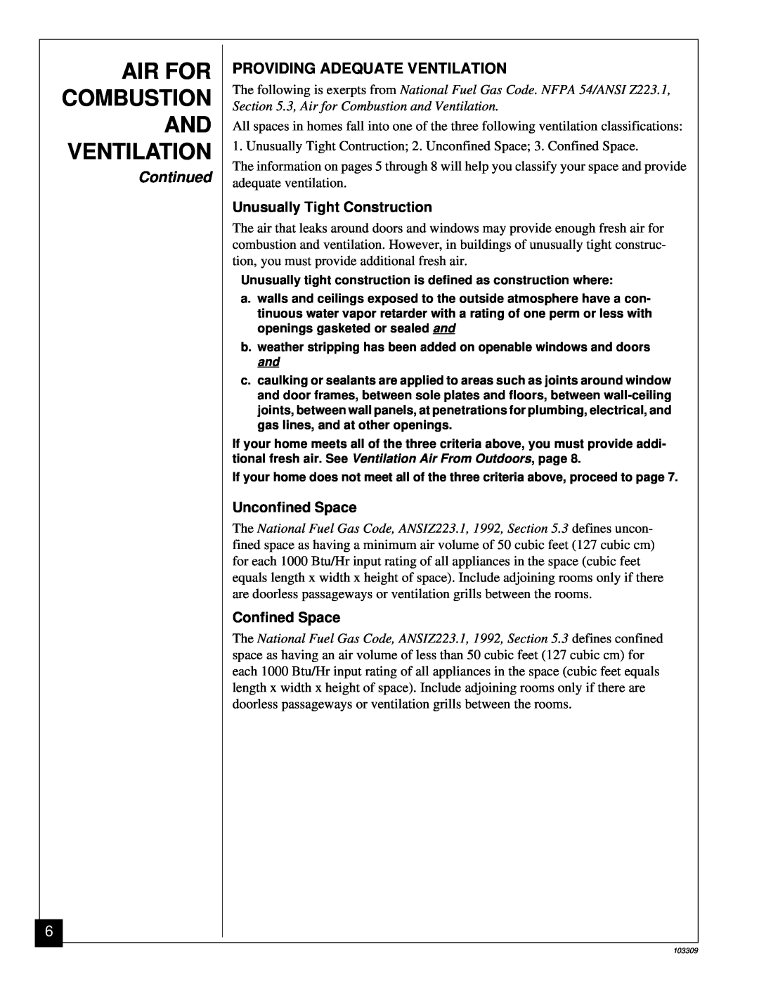Desa UNVENTED (VENT-FREE) NATURAL GAS LOG HEATER installation manual Air For Combustion And Ventilation, Continued 