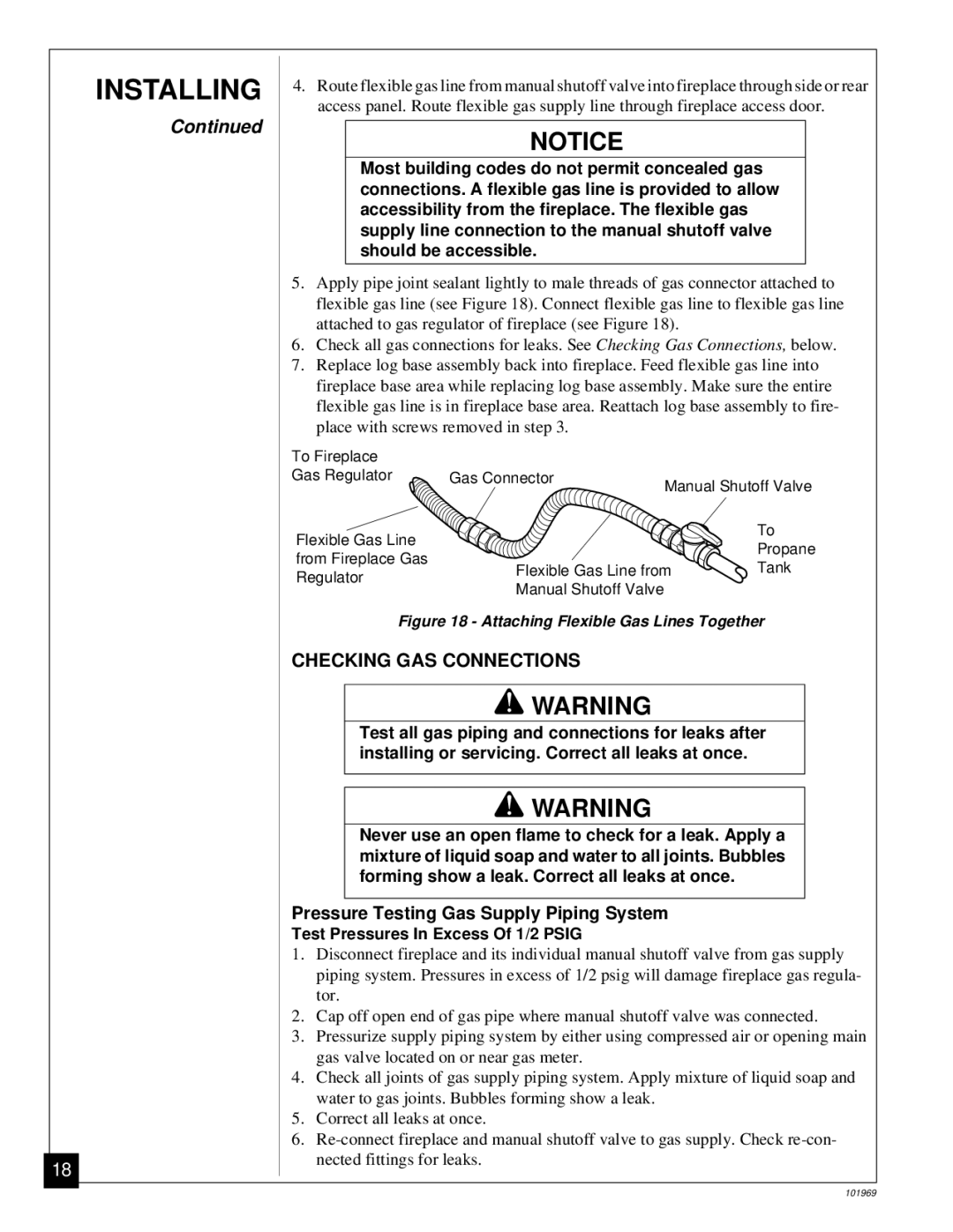 Desa UNVENTED (VENT-FREE) PROPANE GAS FIREPLACE Checking GAS Connections, Pressure Testing Gas Supply Piping System 