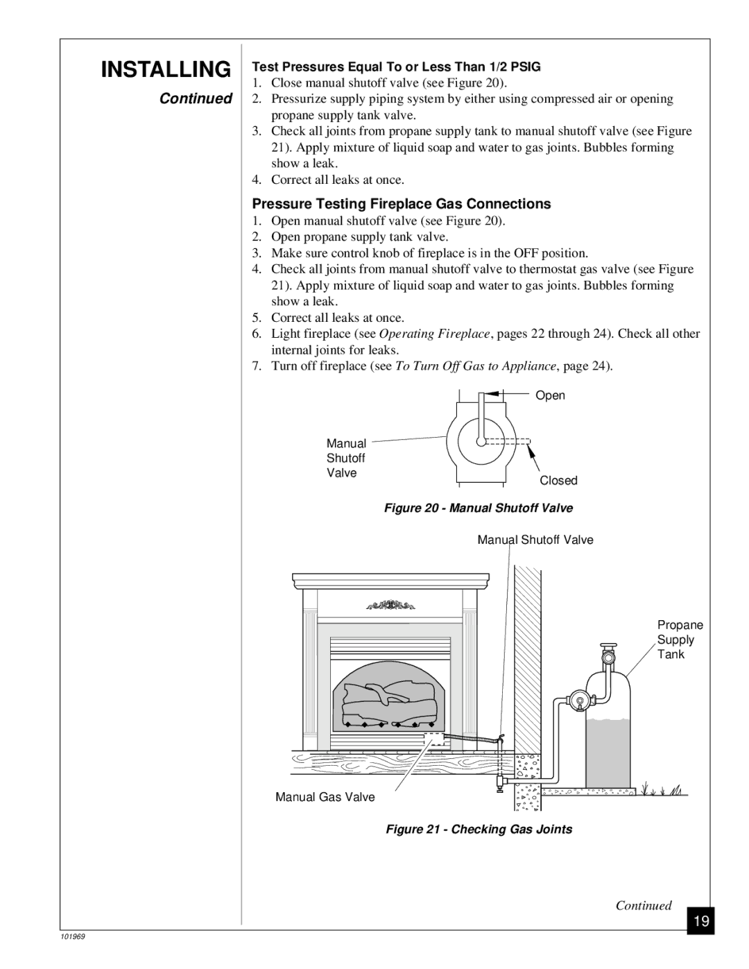 Desa UNVENTED (VENT-FREE) PROPANE GAS FIREPLACE Pressure Testing Fireplace Gas Connections, Manual Shutoff Valve 