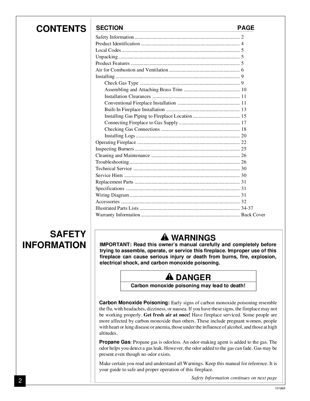 Desa UNVENTED (VENT-FREE) PROPANE GAS FIREPLACE installation manual Contents Safety Information 