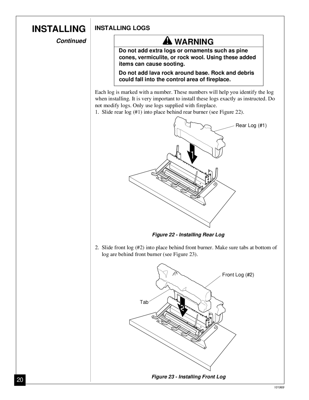 Desa UNVENTED (VENT-FREE) PROPANE GAS FIREPLACE installation manual Installing Logs, Installing Rear Log 