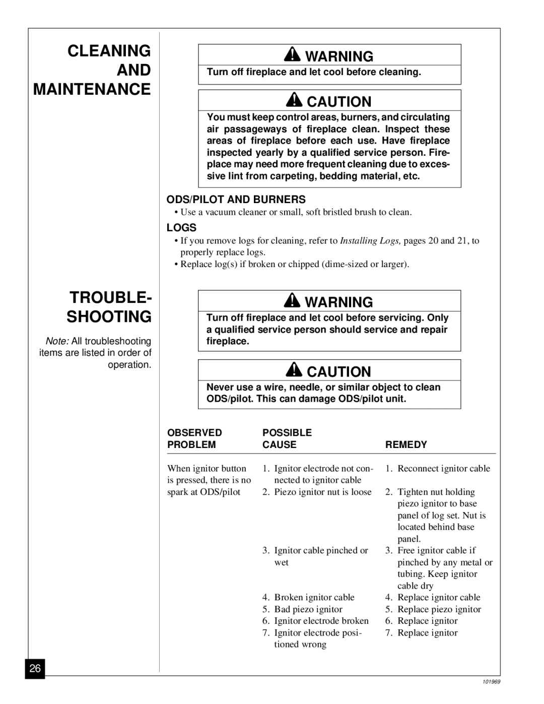 Desa UNVENTED (VENT-FREE) PROPANE GAS FIREPLACE Cleaning and Maintenance Trouble Shooting, ODS/PILOT and Burners, Logs 