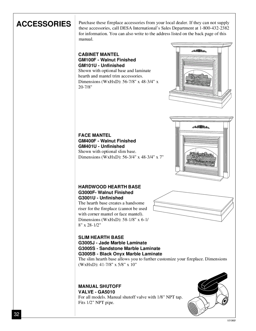 Desa UNVENTED (VENT-FREE) PROPANE GAS FIREPLACE installation manual Accessories 